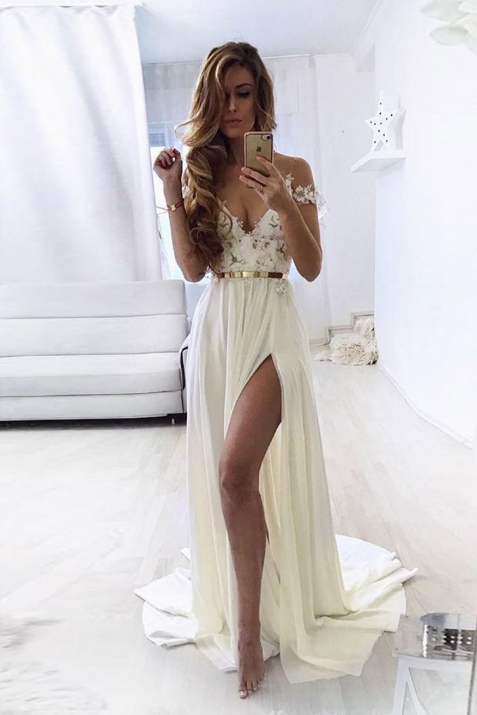 WHITE SWEETHEART OFF SHOULDER LACE CHIFFON LONG PROM DRESS EVENING DRESS cg5765