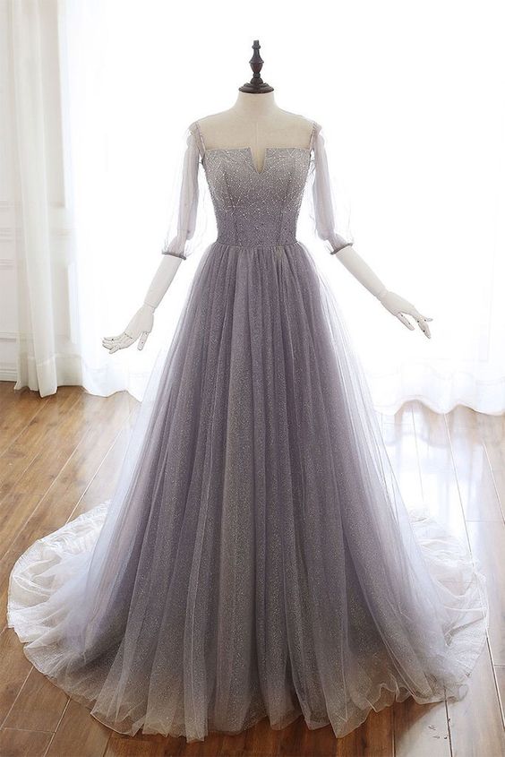 Stunning Light Purple Tulle V Neck Long Sleeve Prom Dress, Formal Dress cg5771