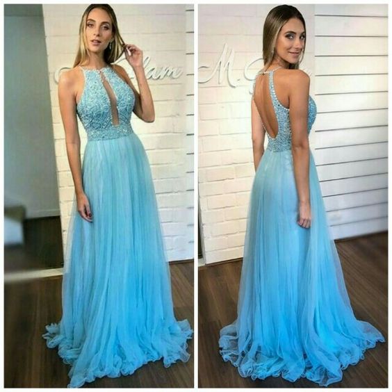 Blue Tulle O Neck Backless Long Beaded Prom Dress, Evening Dress cg5772