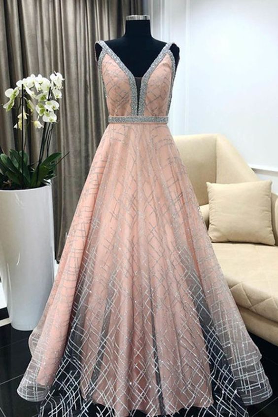 Pink tulle v neck a line long sequins evening dress, prom dress cg5775