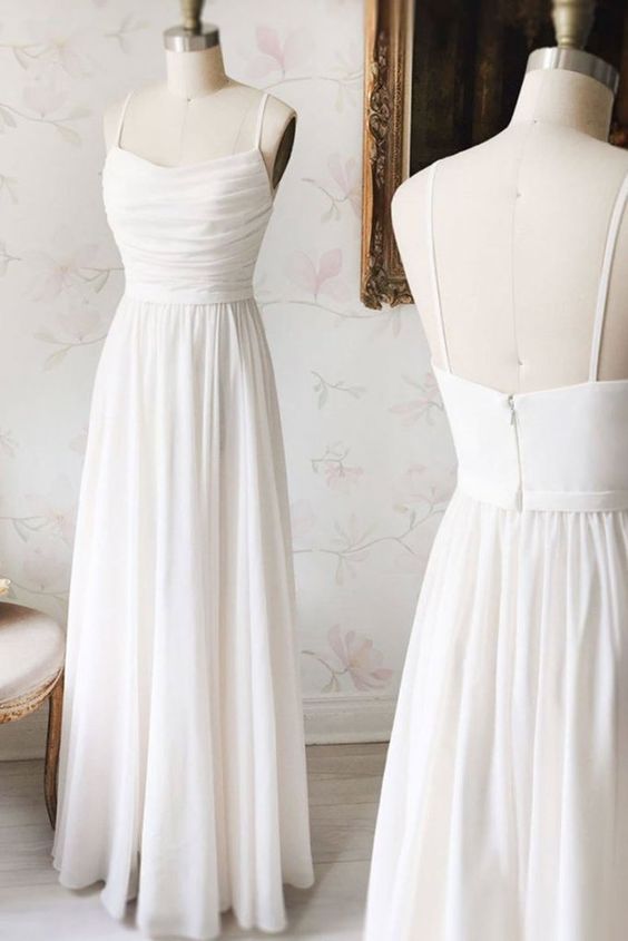 Simple white chiffon V neck long prom dress, white evening dress cg5776