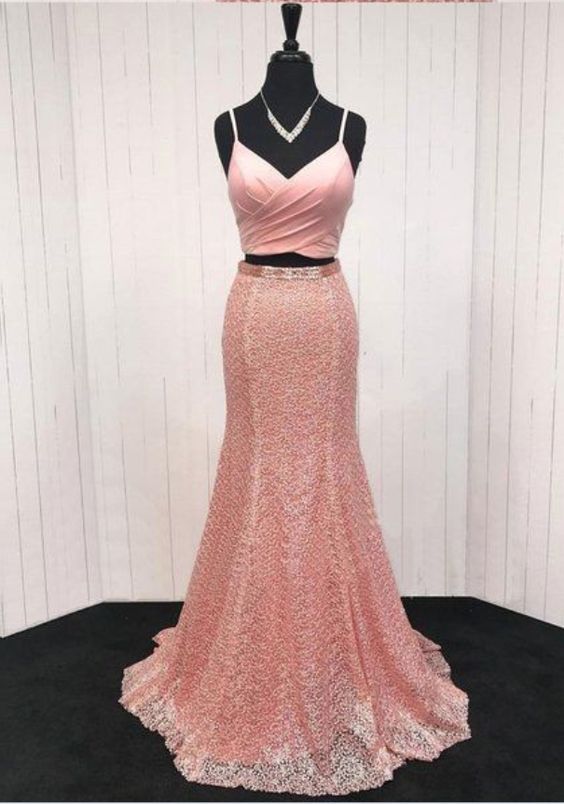 Pink lace V neck spaghetti straps two piece long mermaid prom dress cg5783
