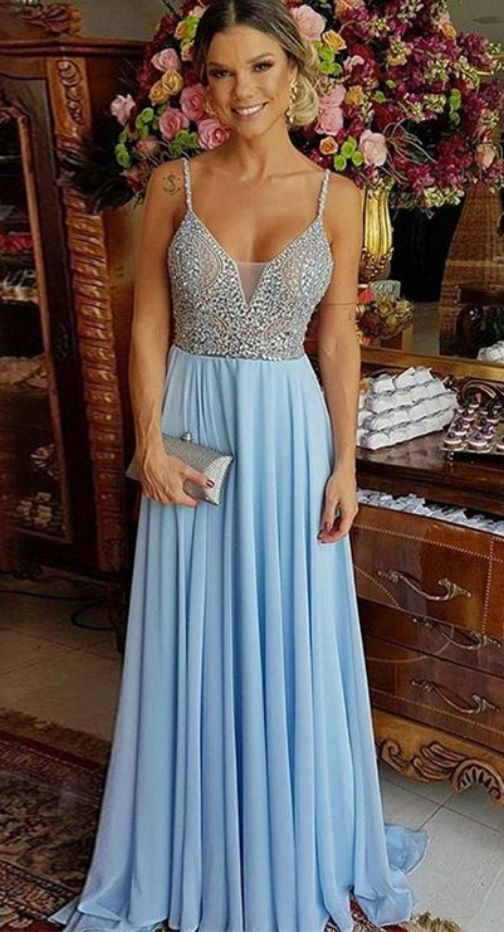 A-Line Spaghetti Straps Prom Dress ,Light Blue Chiffon Prom Dresses cg5785