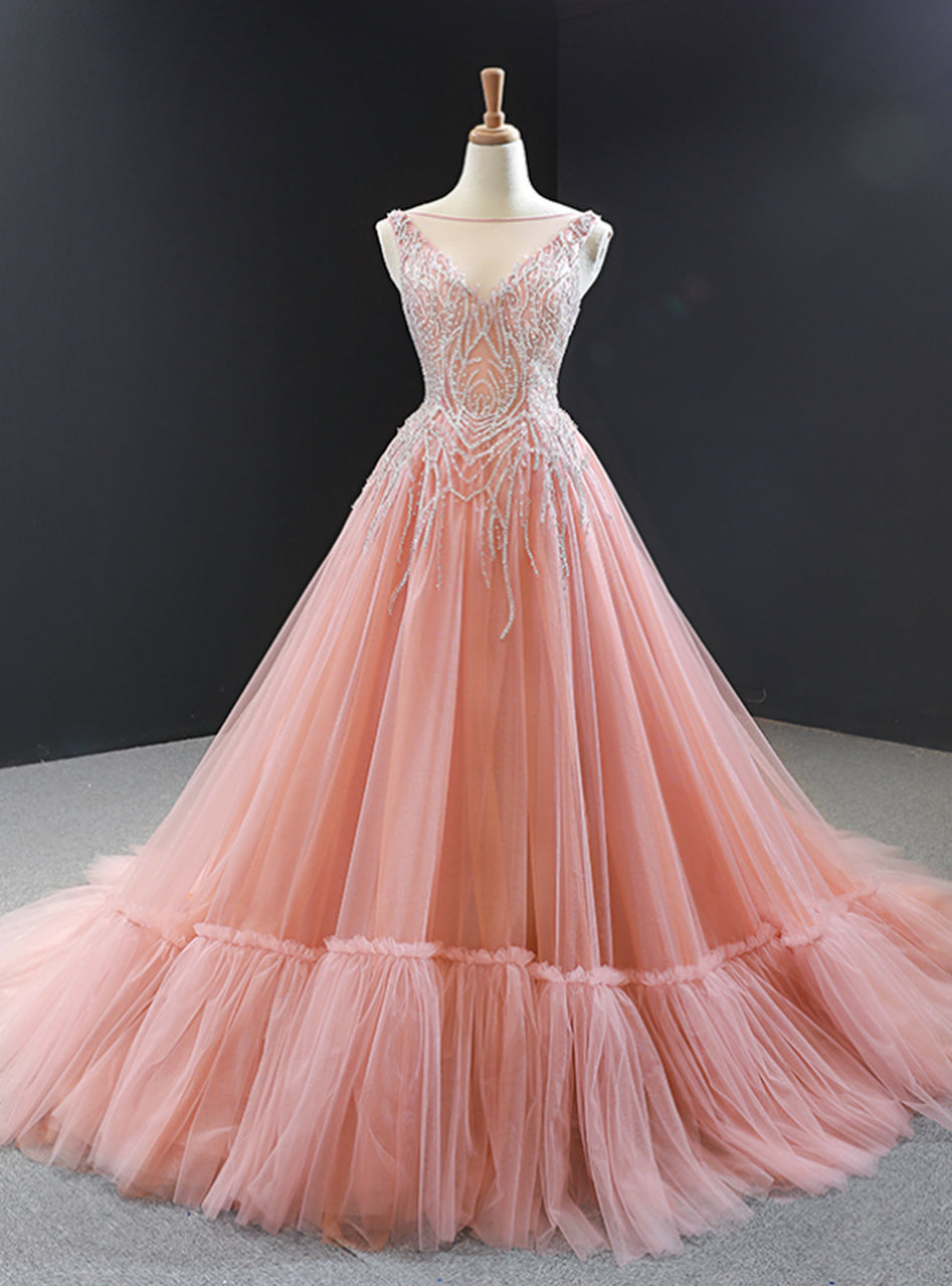 Pink Ball Gown Tulle Beaidng Backless Long Prom Dress cg5842