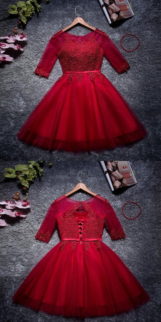 A-Line Red Scoop Neckline 3/4 Sleeves Homecoming Dresses cg585