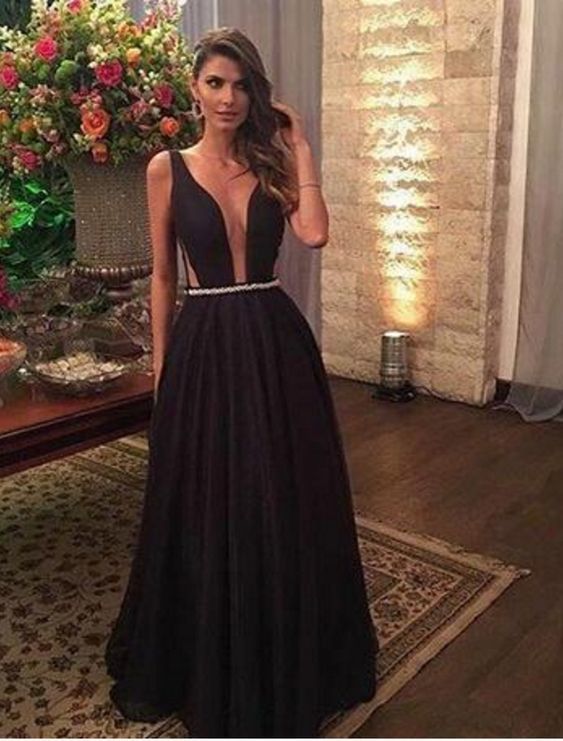 Black Satin Prom Dresses A-line Long Sleeveless Deep V Neck Evening Dresses cg5881