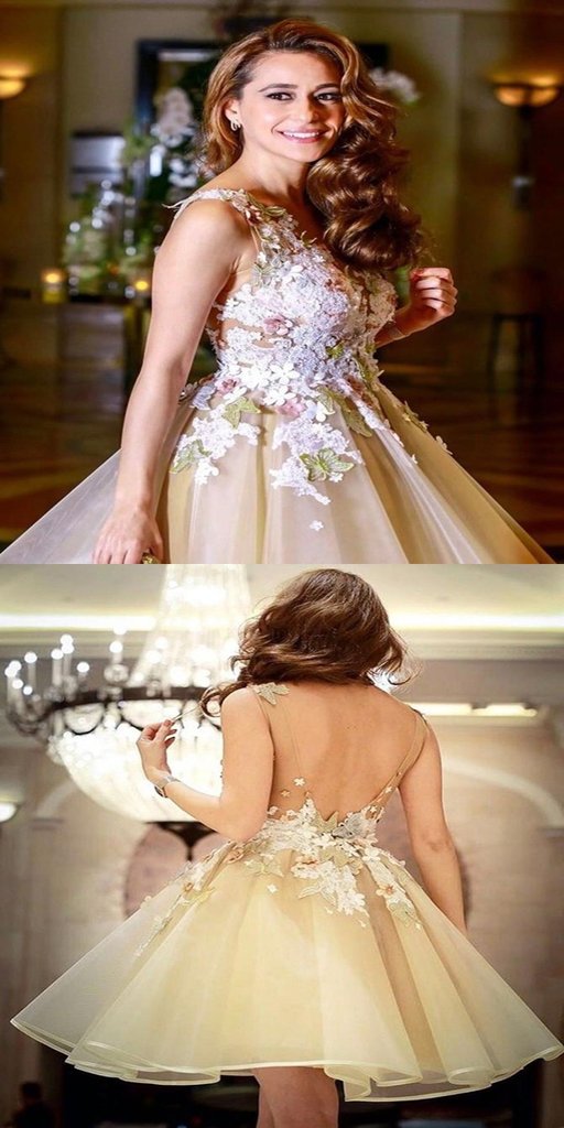 Sexy Deep V-Neck Two Straps Short Homecoming Dresses With Appliques cg594