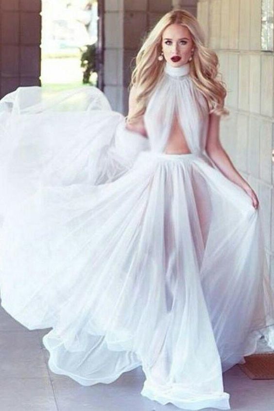 A-line Cheap Long Sexy Simple Ivory High Neck Sleeveless Tulle Prom Dresses cg5959