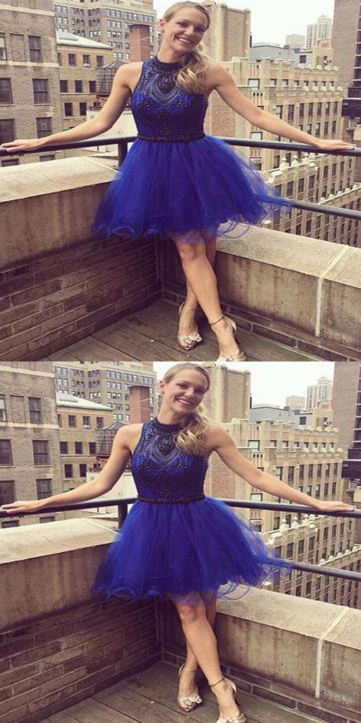 Royal Blue Short Beading Homecoming Dresses With Halter Neckline,Affordable Homecoming Dresses cg597