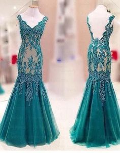 teal green mermaid lace appliques long formal prom dress cg5974