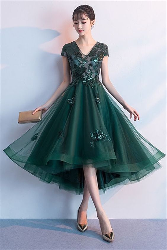 Asymmetry Cap Sleeves Appliques V-Neck Prom Dress cg5976