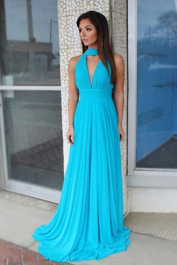 Simple Blue Chiffon Long Prom Dress cg5996