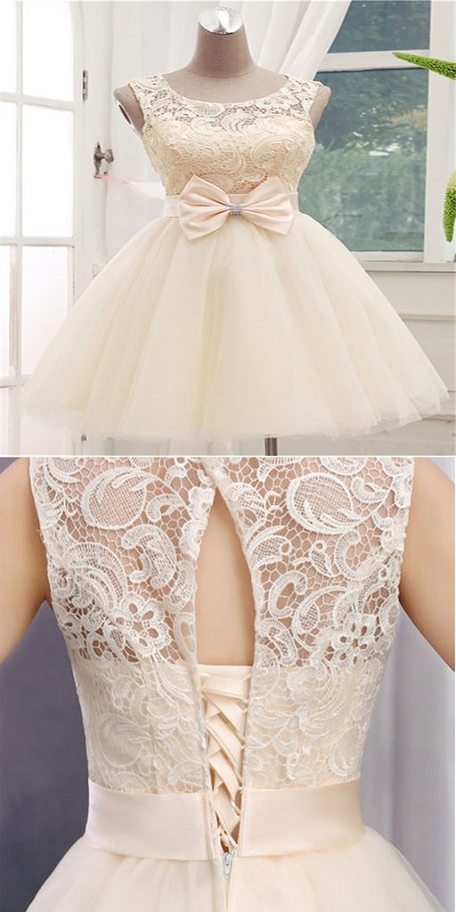 Beautiful Short Lace Scoop Neckline Homecoming Dresses,Off White Homecoming Dresses With Sleeveless cg600