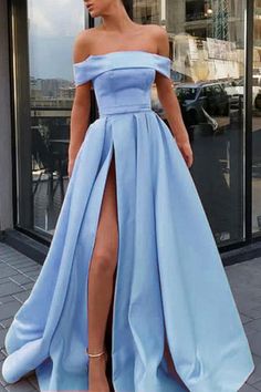 A Line Off the Shoulder Satin High Slit Prom Dresses, Long Formal Dresses cg6002