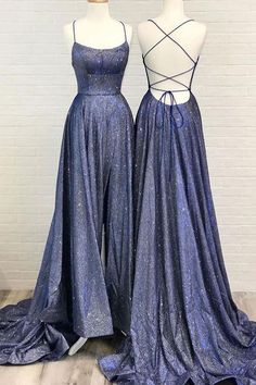 Simple Blue Satin Sweep Train Backless Lace Up Prom Dress, Evening Dress cg6004