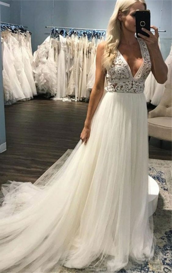 A-Line Deep V-Neck Sweep Train Beach Wedding prom Dress with Lace cg6070