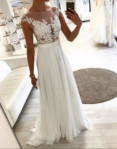 White lace chiffon long prom dresses, white evening dresses cg6071