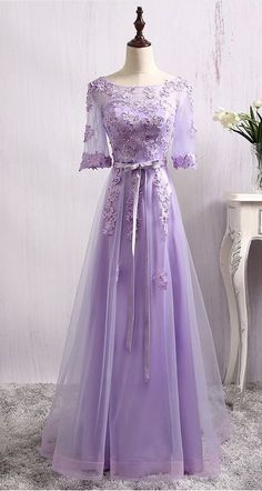 Sheer Lace Appliqués A-line Floor-Length Prom Dress, Evening Dress With Sleeves cg6078