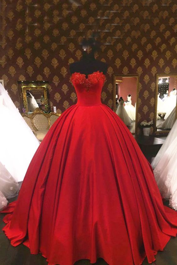 Sweetheart wine red satin high waist strapless ball gown, formal lace appliqués prom dress cg6113
