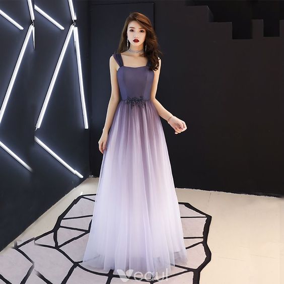 Fashion Purple Prom Dresses 2020 A-Line / Princess Shoulders Sleeveless Beading Floor-Length cg6118