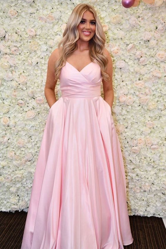 Simple V Neck Straps Pink Long Prom Dress cg6153