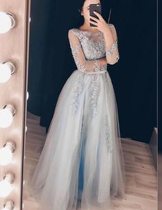Gray tulle lace long prom dress, long sleeve evening dress cg6157
