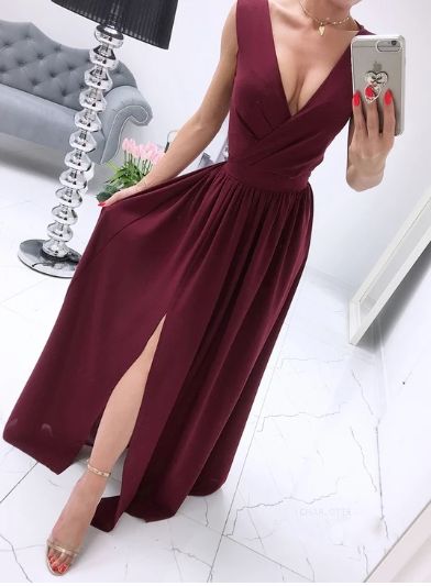 A-line V-neck Chiffon Burgundy Long Prom Dress cg6160