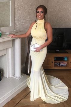 Elegant High Neck Mermaid Yellow Long Prom Dress with Open Back cg6175