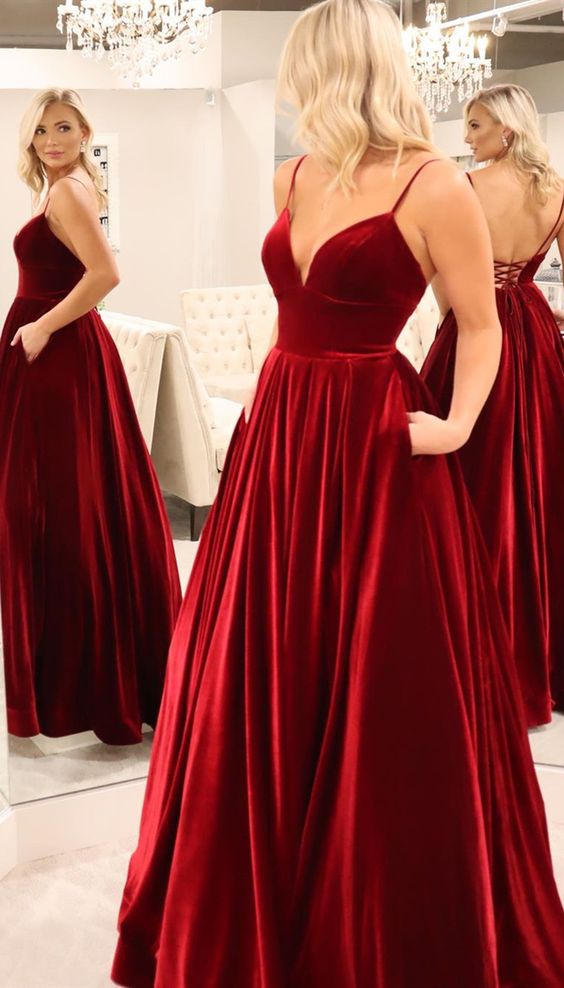 elegant dark red long prom dresses, formal velvet evening party dresses, simple prom gowns with pockets cg6198