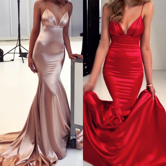 long satin mermaid plunge neck prom evening gown dresses cg6206
