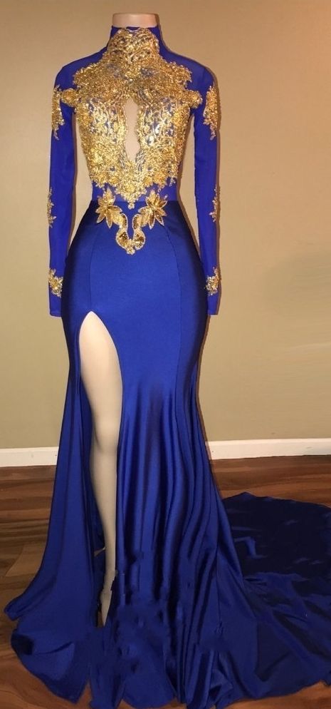 Gorgeous Royal Blue Prom Dresses | Gold Appliques Side Slit Mermaid Evening Dresses_ cg6207