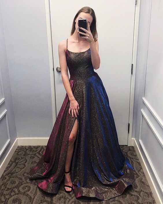 Fashion Sparkly Ball Gown Scoop Spaghetti Straps Slit Prom Dresses cg6211