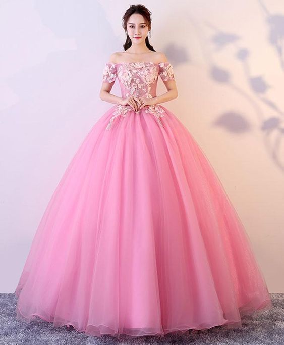 Pink tulle lace long prom dress, pink lace sweet 16 dress cg6285