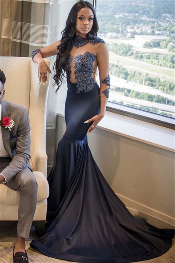2020 Navy Blue High Neck Long Sleeve Applique Beaded See Through Satin Mermaid/Trumpet Prom Dresses cg6296