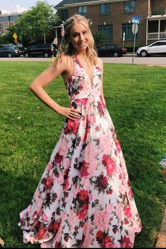floral long prom dress 2020, spring prom dress formal gown cg6332