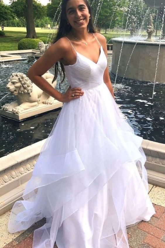 White Long Prom Dress with Spaghetti Straps cg6352