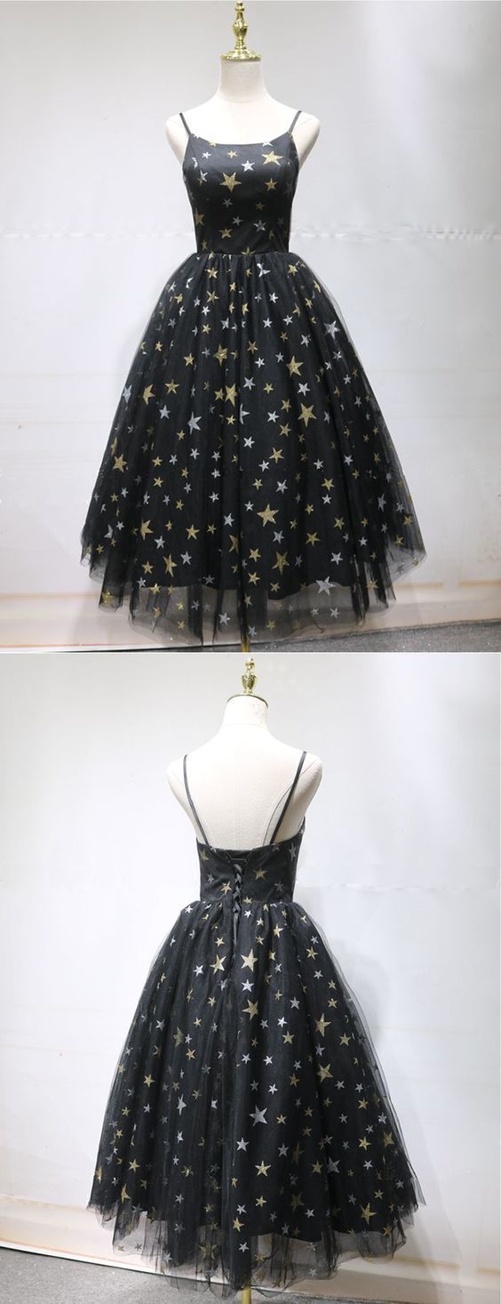 Cute Prom Dress, Unique Black Star Printed Tulle Long Open Back Short Prom Dress cg6362