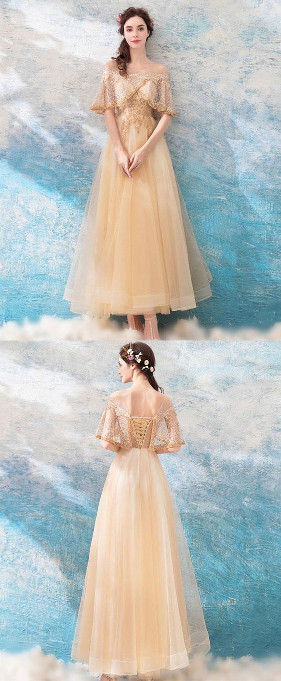 Prom Dresses Simple, Unique champagne tulle lace tea length prom dress, champagne tulle evening dress cg6370