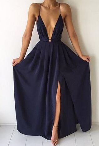 Deep V Neck Long navy Prom Dresses cg6375