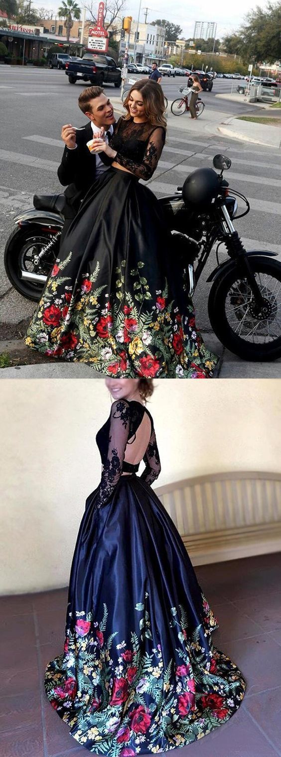 Two Piece Black Prom Dresses, Long Sleeve Prom Dresses, Open-back Prom Dresses, Appliques lace Prom Dresses cg639