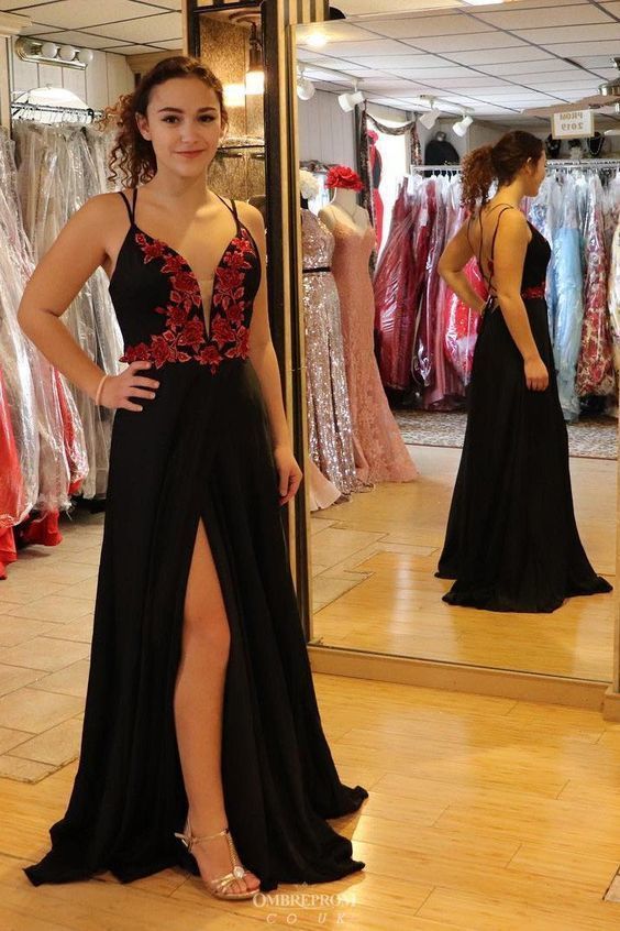 Fashion Split Slit A Line Black Prom Dress with Appliques, Long Evening Dress cg6428