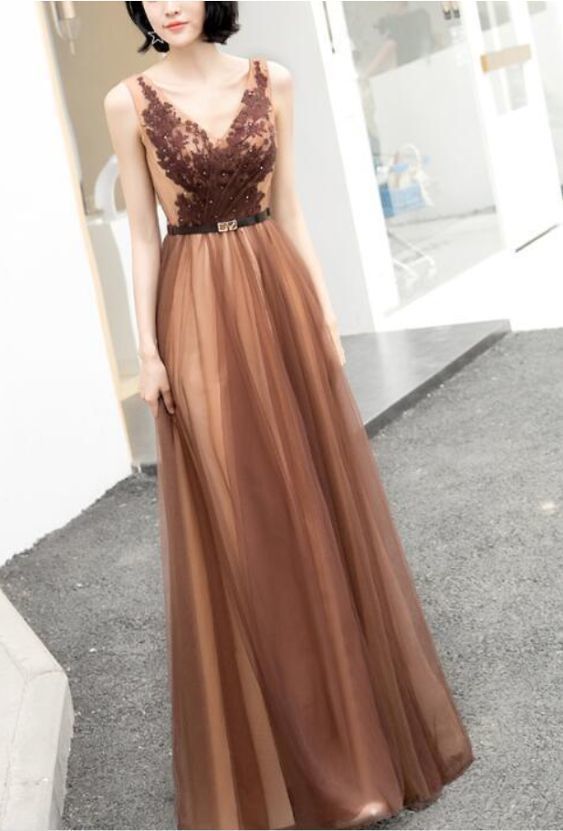 V-neckline Tulle Long Party prom Dress, Elegant Evening Party Dress cg6435