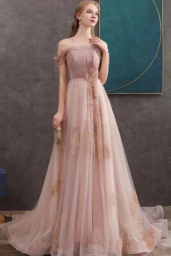 A-line Off-the-shoulder Pearl Pink Long Prom Dresses Evening Dress cg6452