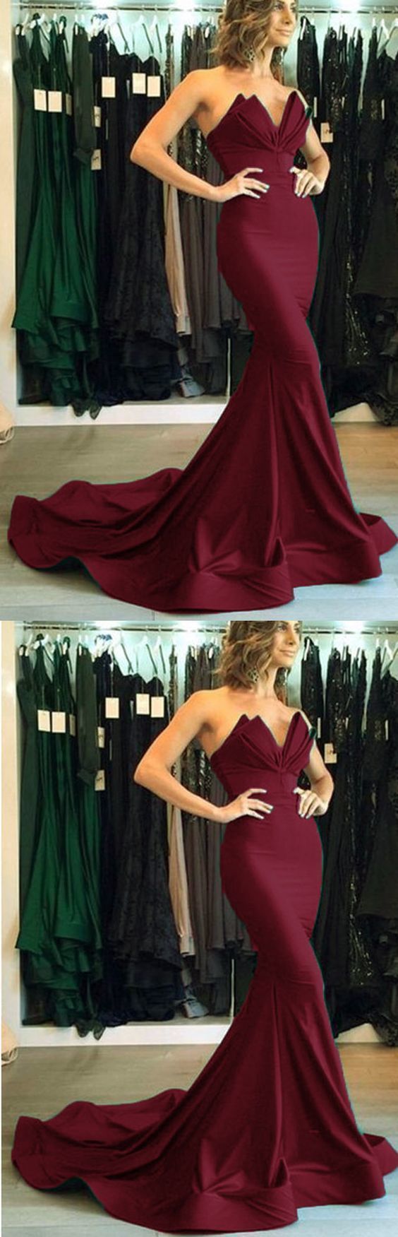 Elegant Strapless Burgundy Prom Dresses Mermaid Evening Dresses Long Women Satin Formal Gowns cg6456