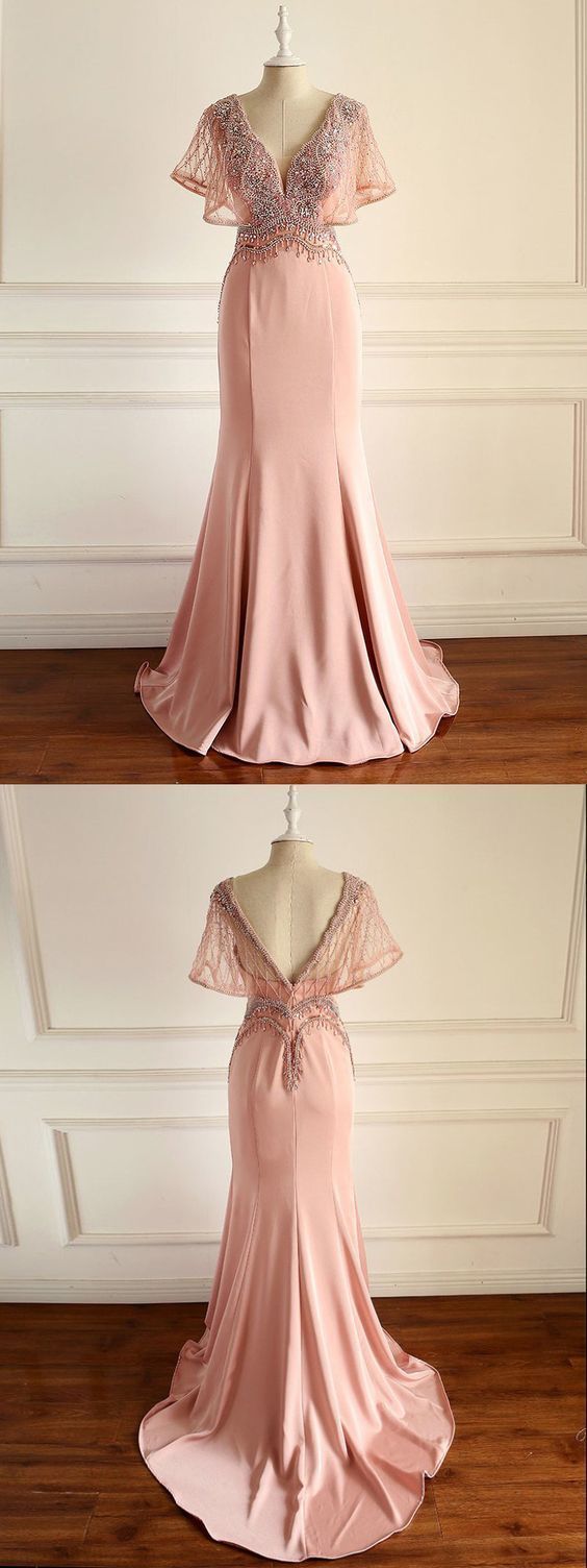 Chic V neck Mermaid Long Prom Dress Pink Beaded Party Dress cg6467