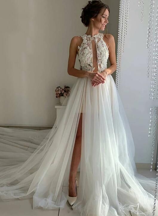 White tulle lace long prom dress, evening dress cg6472