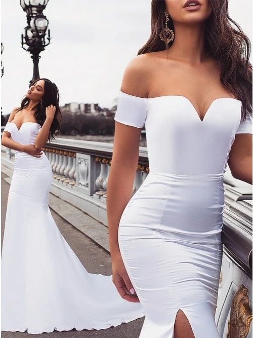 Simple Mermaid Off Shoulder White Sweep Train Split Prom Evening Party dress cg6478