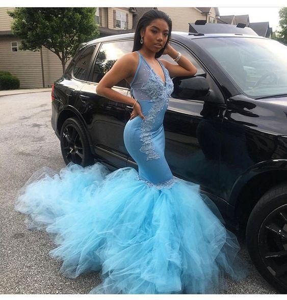 Sexy Mermaid Blue V Neck Tulle Prom Dresses With Appliques African American Prom Dresses cg6480