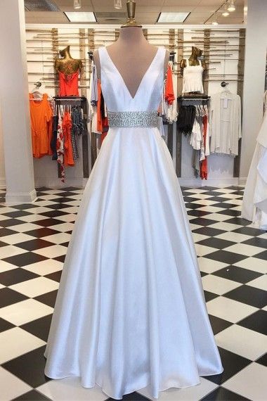 V-Neck Floor-Length White Satin Prom Dress with Beading cg6482