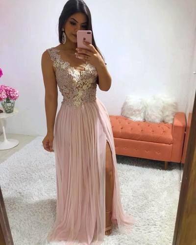 Stunning Pink Long Evening Dress Appliques Beaded Side Split Formal Prom Dresses Women Party Gowns cg6504